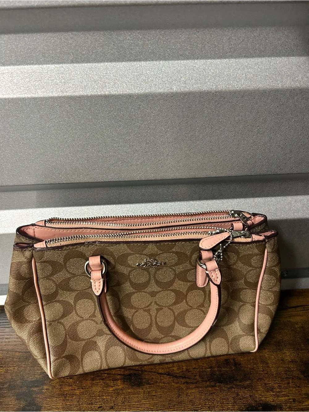 Coach Signature Logo Satchel Top Handle Zip Detachable Strap Brown Pink